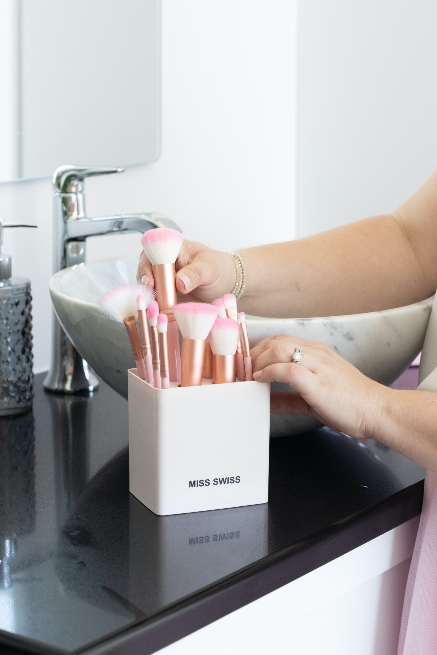 Makeup brushes on counter
